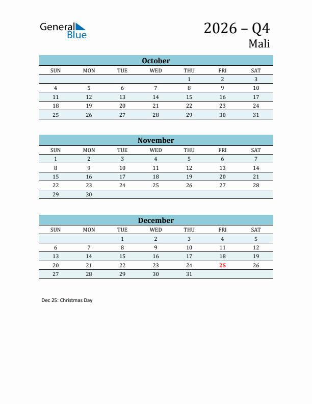 Three-Month Planner for Q4 2026 with Holidays - Mali