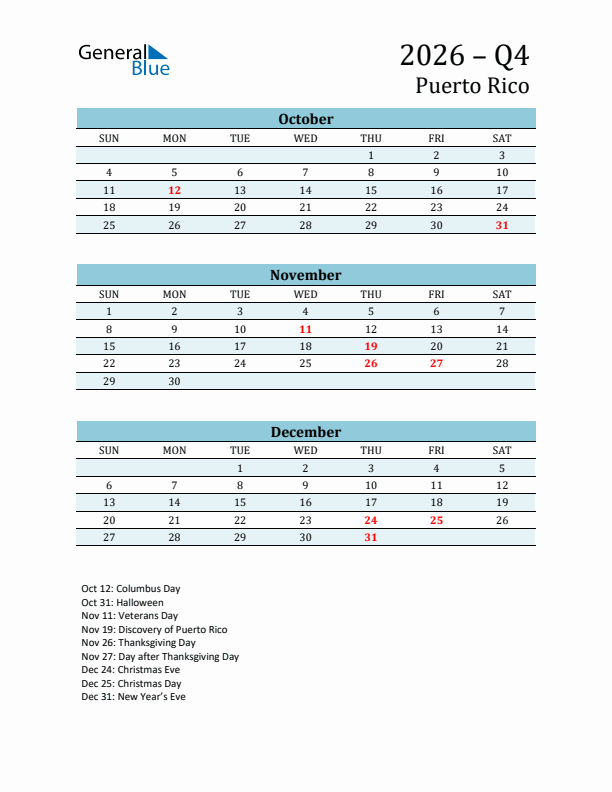 Three-Month Planner for Q4 2026 with Holidays - Puerto Rico