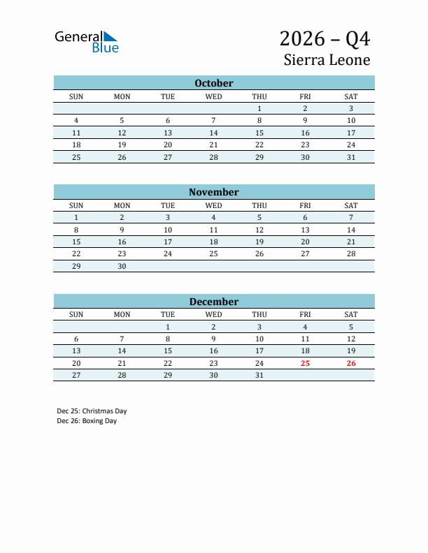 Three-Month Planner for Q4 2026 with Holidays - Sierra Leone