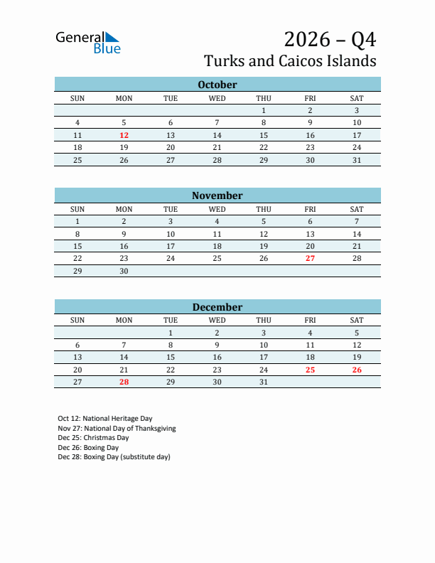 Three-Month Planner for Q4 2026 with Holidays - Turks and Caicos Islands