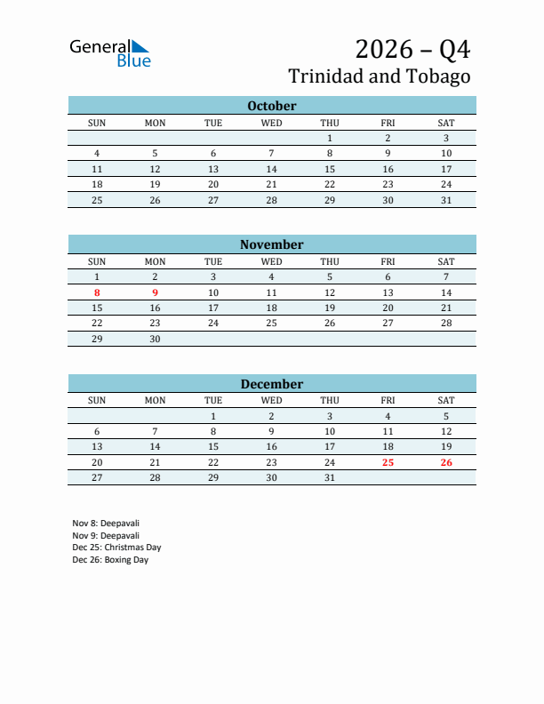Three-Month Planner for Q4 2026 with Holidays - Trinidad and Tobago