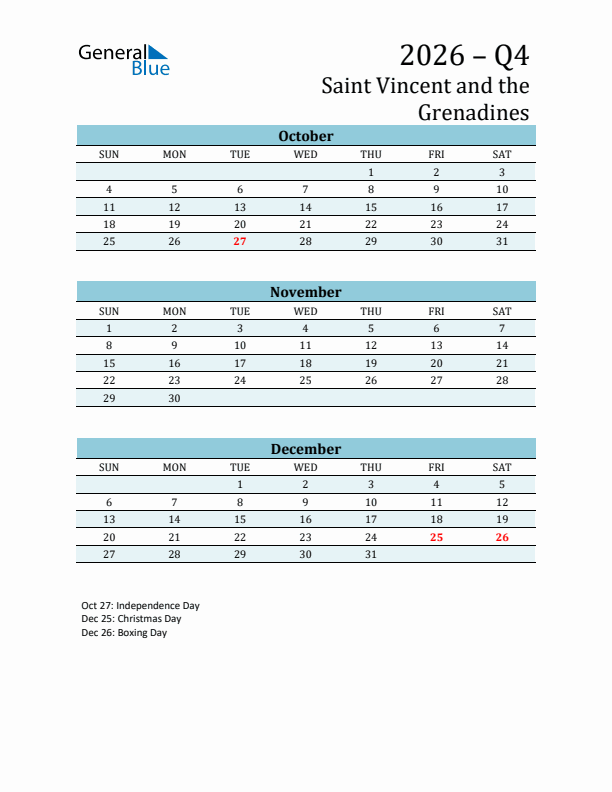 Three-Month Planner for Q4 2026 with Holidays - Saint Vincent and the Grenadines