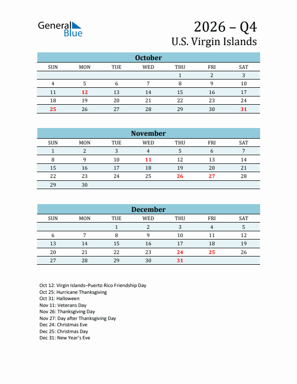 Three-Month Planner for Q4 2026 with Holidays - U.S. Virgin Islands