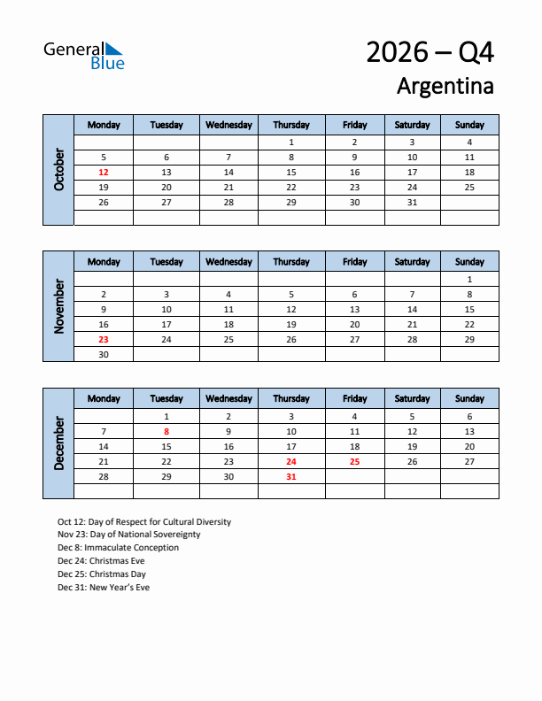 Free Q4 2026 Calendar for Argentina - Monday Start