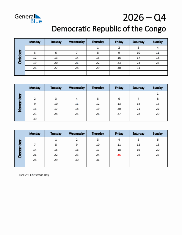 Free Q4 2026 Calendar for Democratic Republic of the Congo - Monday Start
