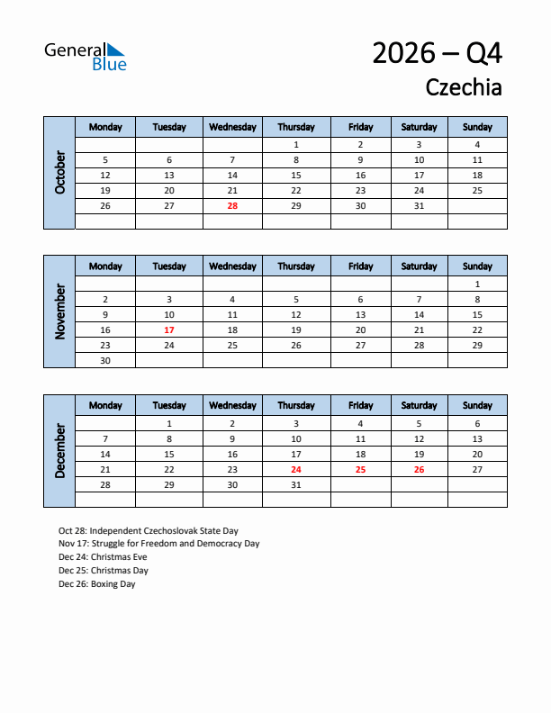 Free Q4 2026 Calendar for Czechia - Monday Start