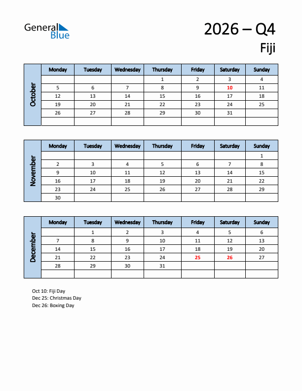 Free Q4 2026 Calendar for Fiji - Monday Start