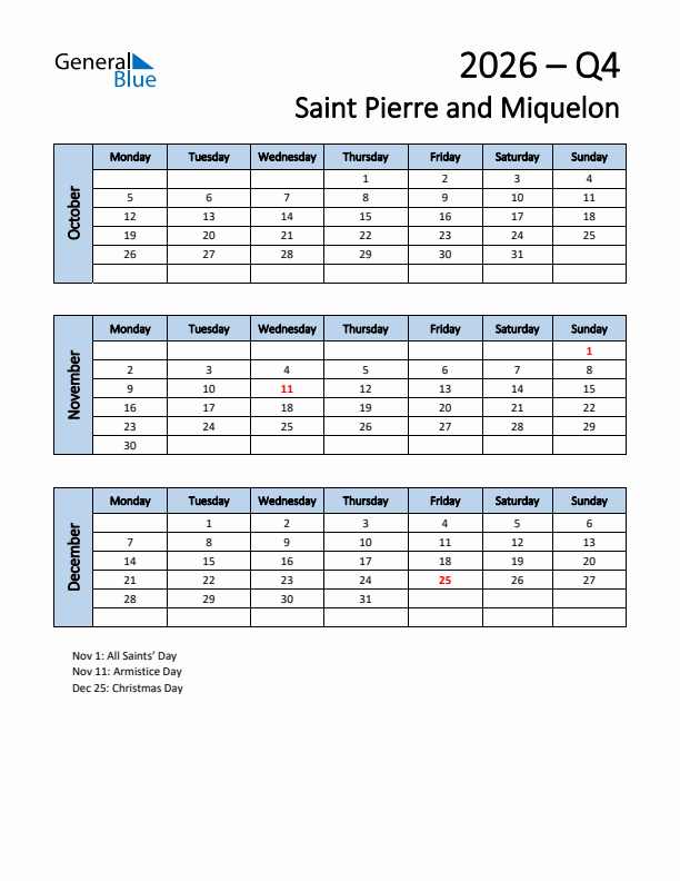 Free Q4 2026 Calendar for Saint Pierre and Miquelon - Monday Start