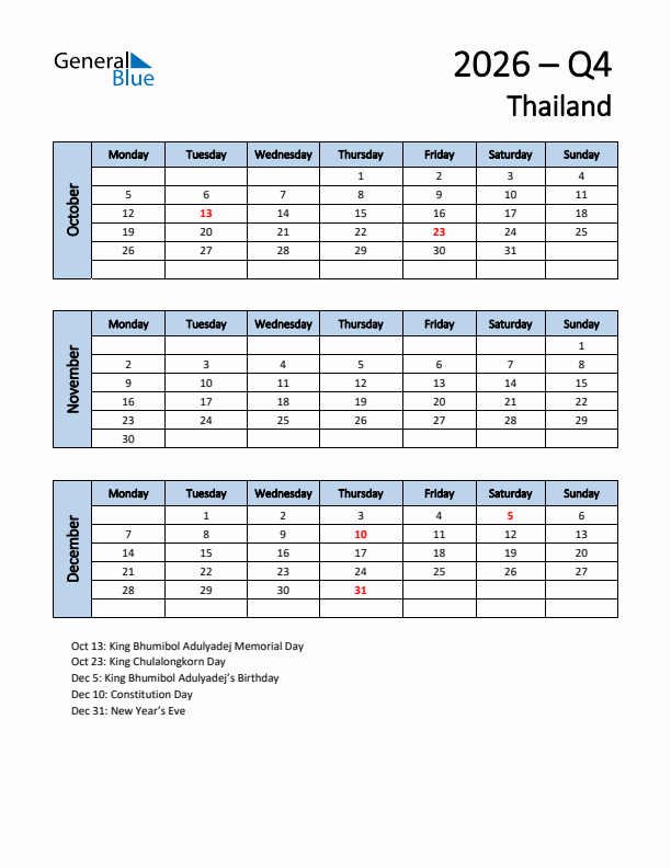 Free Q4 2026 Calendar for Thailand - Monday Start