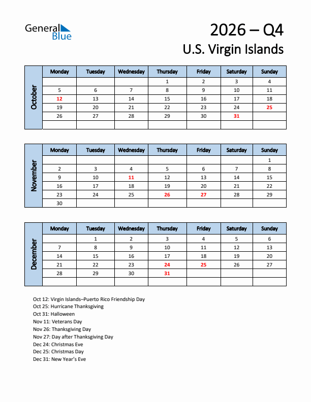 Free Q4 2026 Calendar for U.S. Virgin Islands - Monday Start