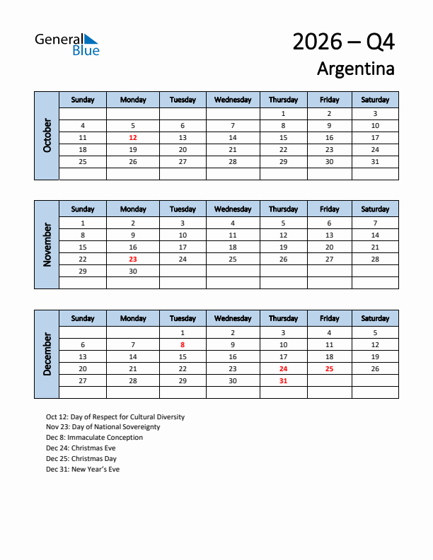 Free Q4 2026 Calendar for Argentina - Sunday Start