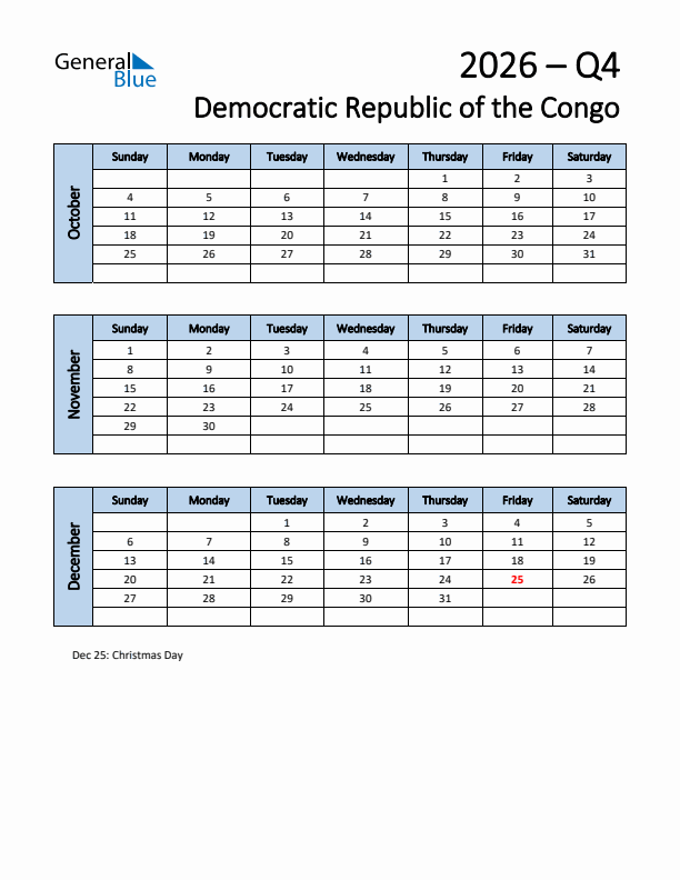 Free Q4 2026 Calendar for Democratic Republic of the Congo - Sunday Start