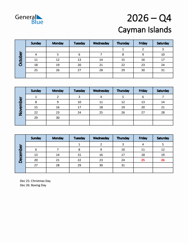 Free Q4 2026 Calendar for Cayman Islands - Sunday Start