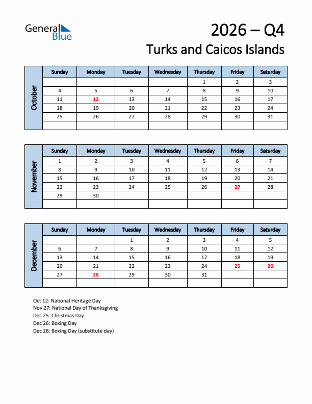 Free Q4 2026 Calendar for Turks and Caicos Islands - Sunday Start