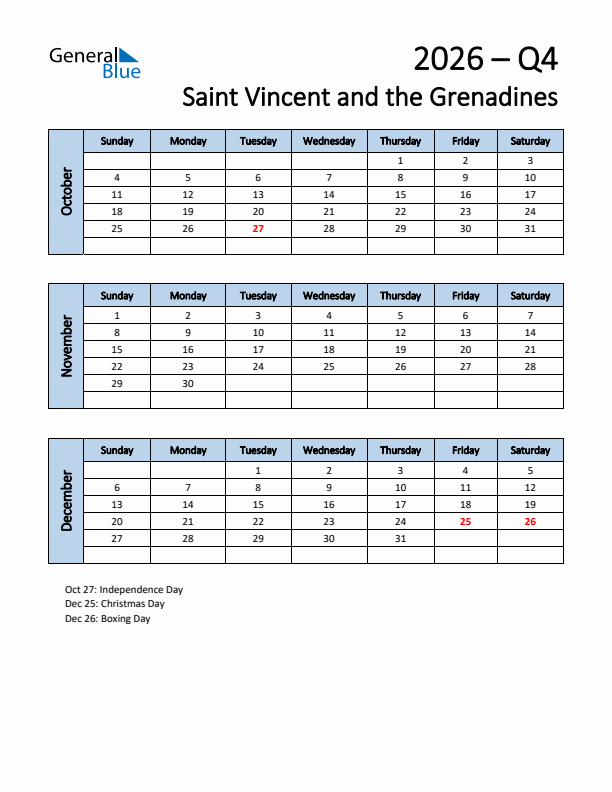 Free Q4 2026 Calendar for Saint Vincent and the Grenadines - Sunday Start