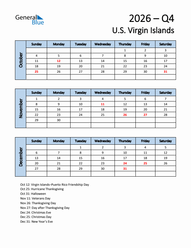 Free Q4 2026 Calendar for U.S. Virgin Islands - Sunday Start