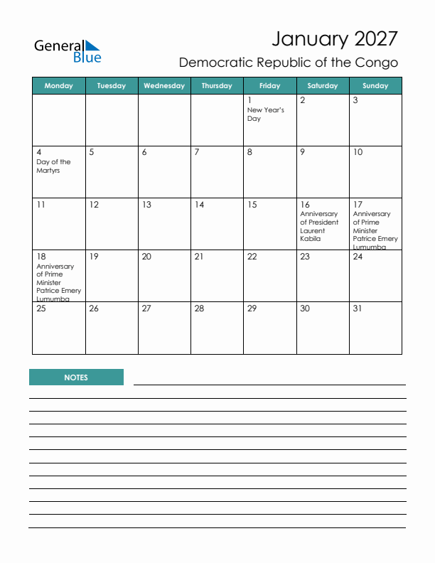 Calendar with Notes Printable - Monday Start