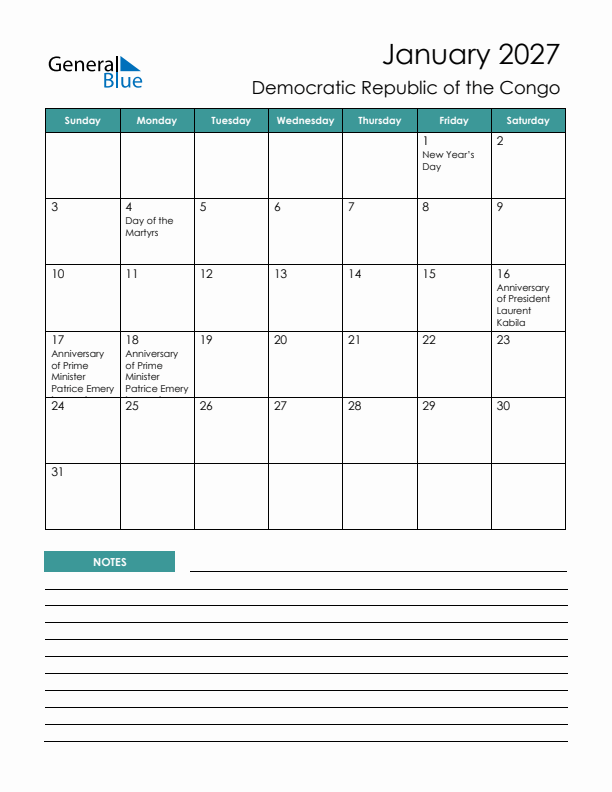 Calendar with Notes Printable - Sunday Start