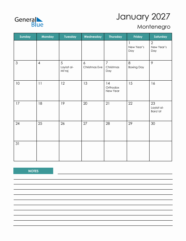 Calendar with Notes Printable - Sunday Start