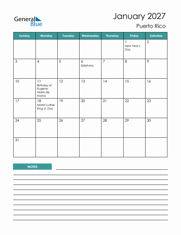 Calendar with Notes Printable - Sunday Start