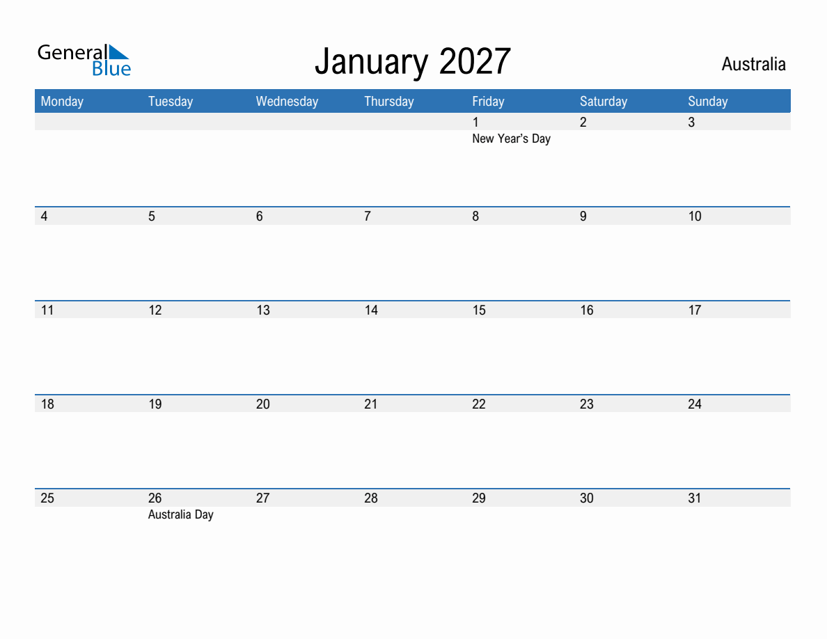 Editable January 2027 Calendar with Australia Holidays (Monday Start)