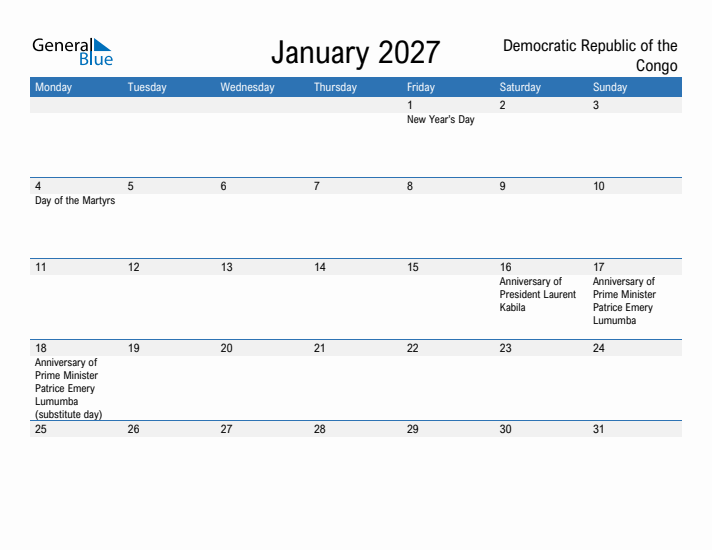 Fillable January 2027 Calendar