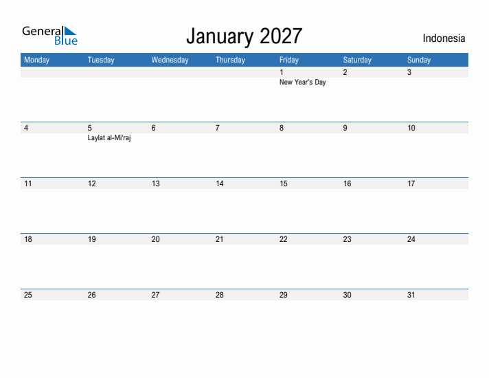 Fillable January 2027 Calendar