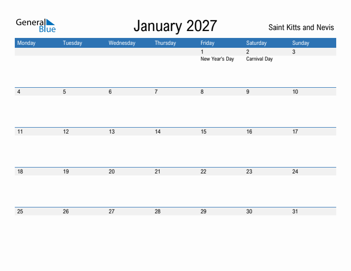 Fillable January 2027 Calendar