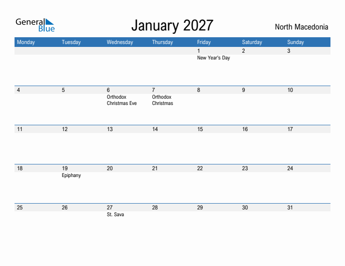 Fillable January 2027 Calendar