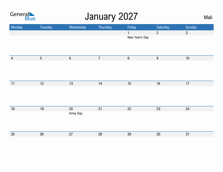 Fillable January 2027 Calendar