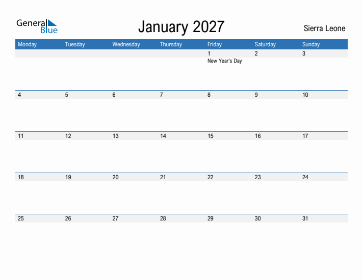 Fillable January 2027 Calendar
