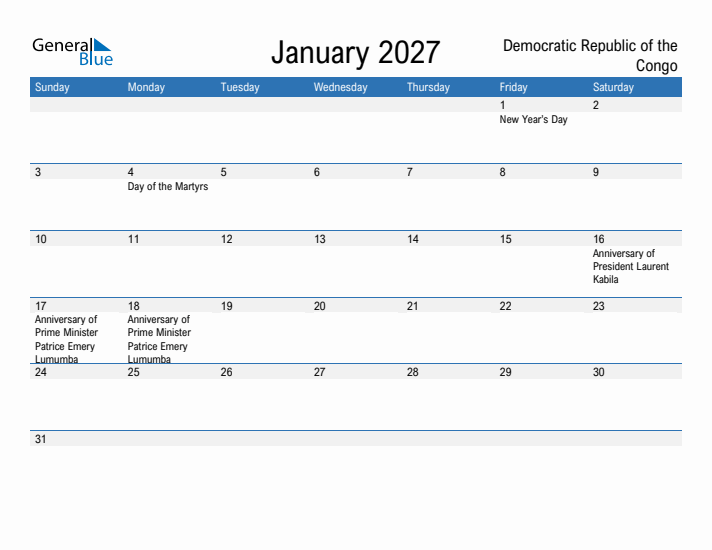Fillable January 2027 Calendar