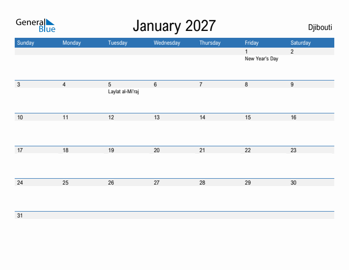 Fillable January 2027 Calendar