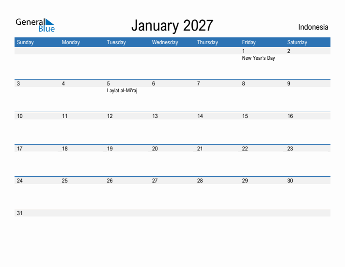 Fillable January 2027 Calendar