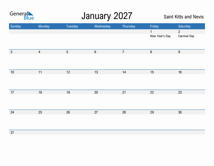 Fillable January 2027 Calendar