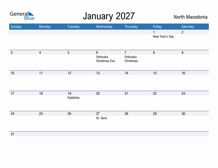 Fillable January 2027 Calendar