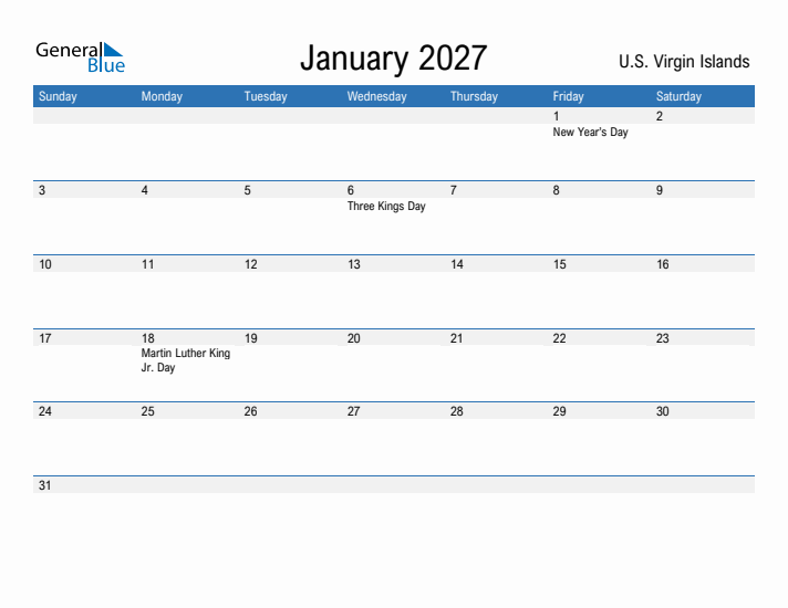 Fillable January 2027 Calendar