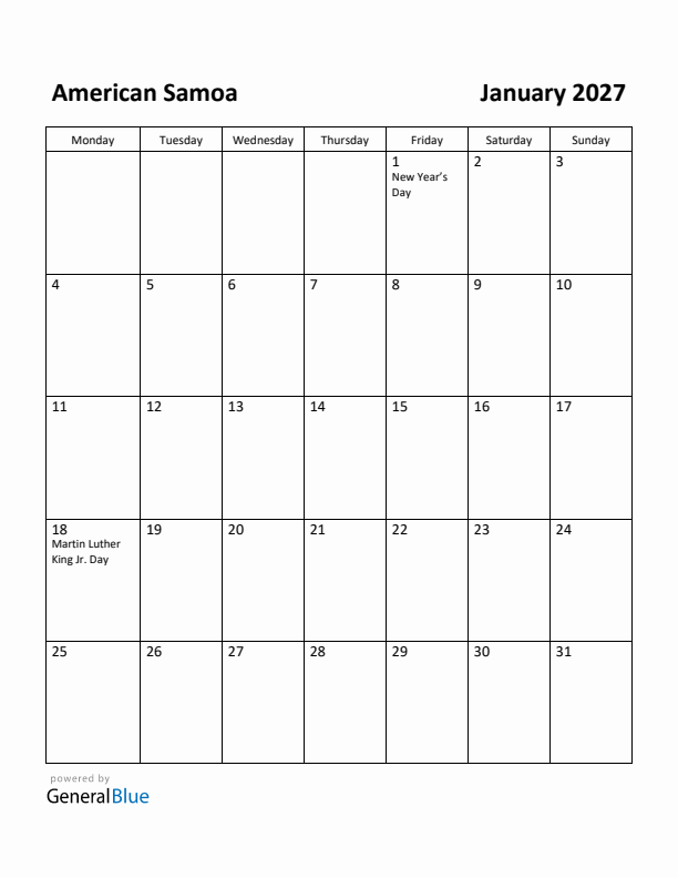 January 2027 Calendar with American Samoa Holidays