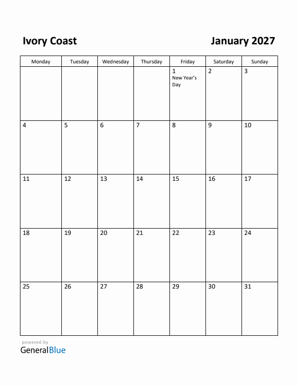 January 2027 Calendar with Ivory Coast Holidays