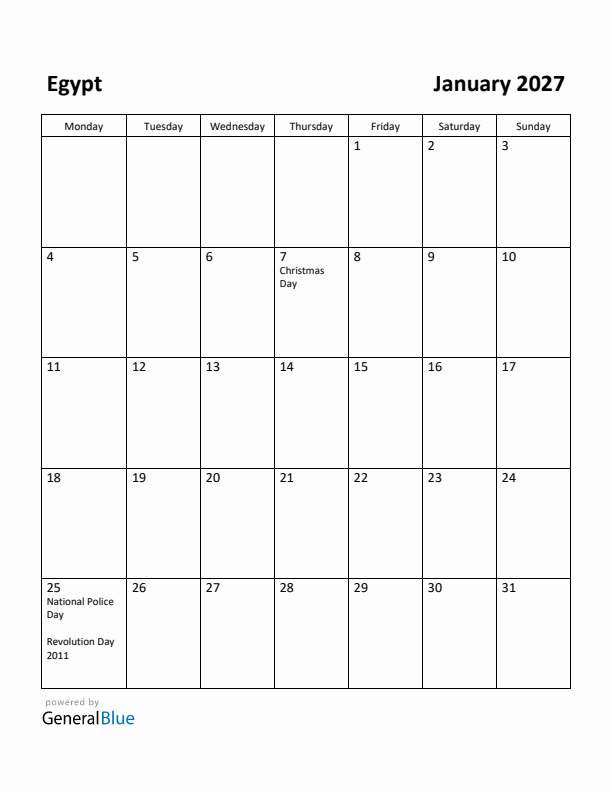 January 2027 Calendar with Egypt Holidays