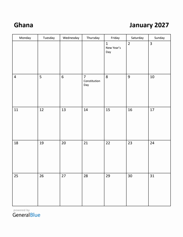 January 2027 Calendar with Ghana Holidays