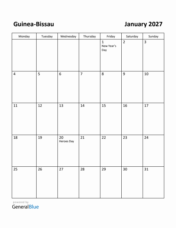 January 2027 Calendar with Guinea-Bissau Holidays