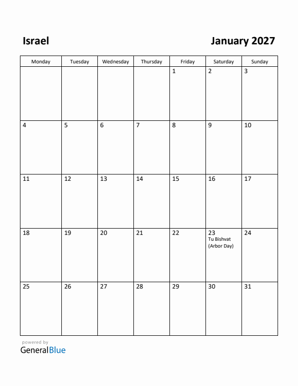 January 2027 Calendar with Israel Holidays