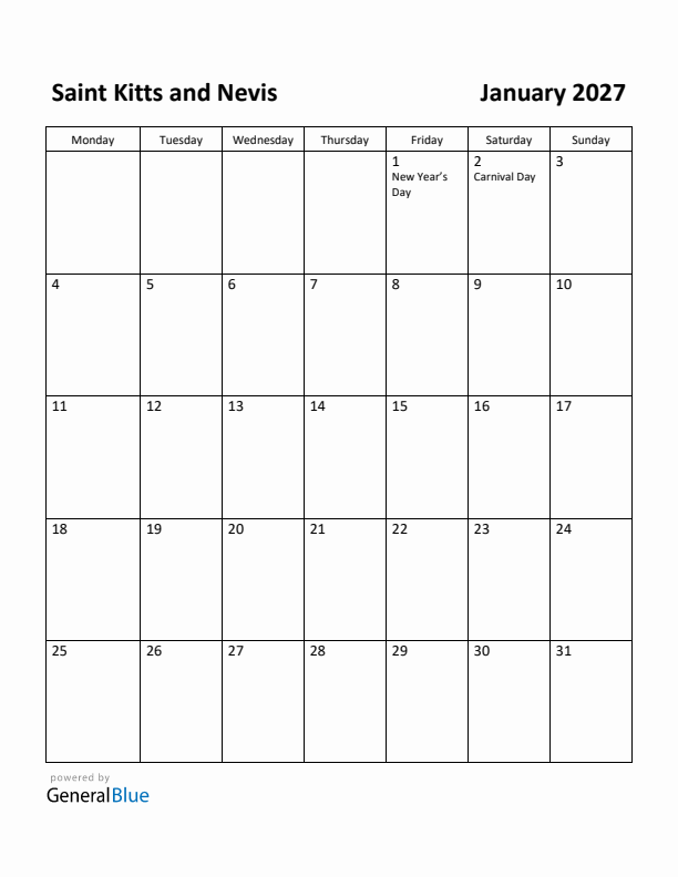 January 2027 Calendar with Saint Kitts and Nevis Holidays