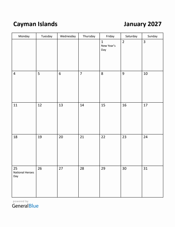 January 2027 Calendar with Cayman Islands Holidays