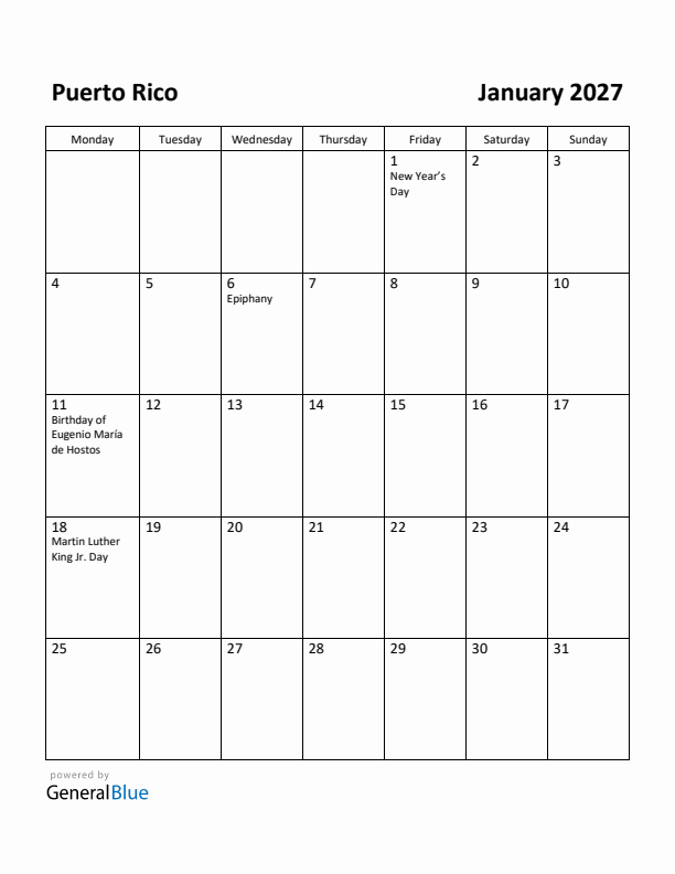 January 2027 Calendar with Puerto Rico Holidays