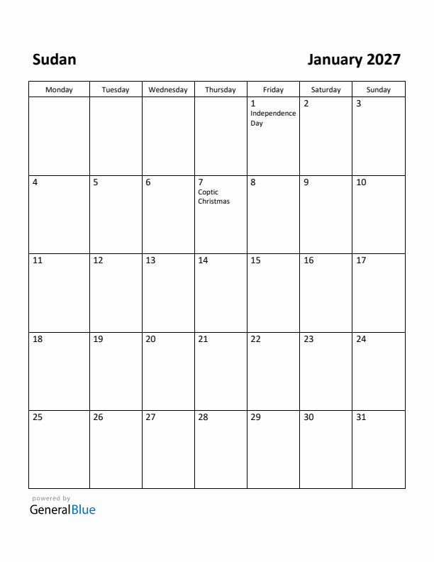 January 2027 Calendar with Sudan Holidays