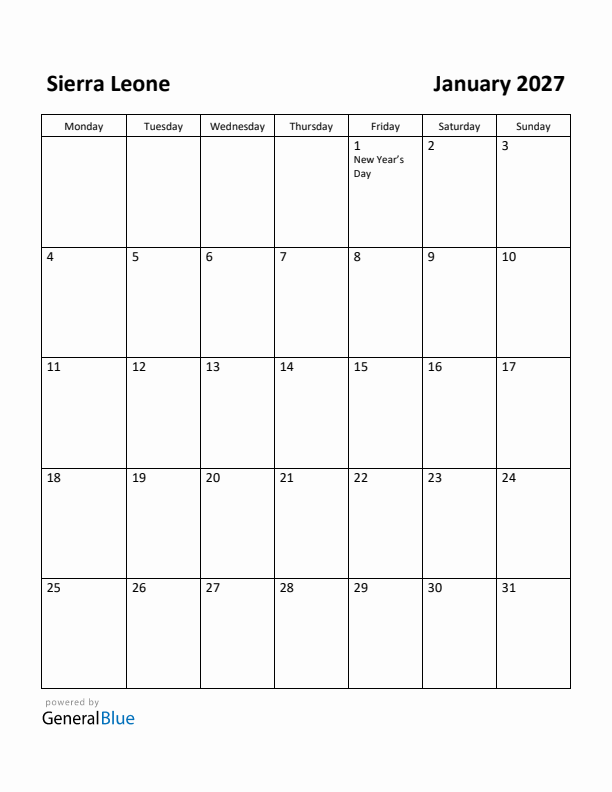 January 2027 Calendar with Sierra Leone Holidays