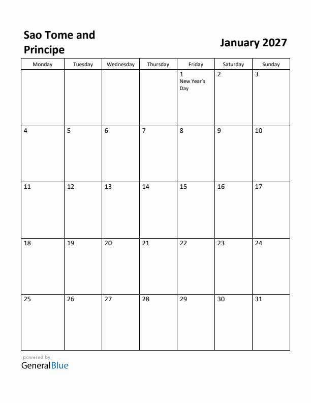 January 2027 Calendar with Sao Tome and Principe Holidays