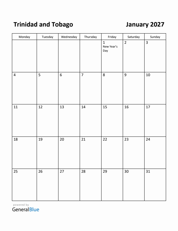 January 2027 Calendar with Trinidad and Tobago Holidays